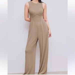 Tan Sleeveless Jumpsuit Crew Neck Ribbed Pull-on Comfy Wide Leg Size S